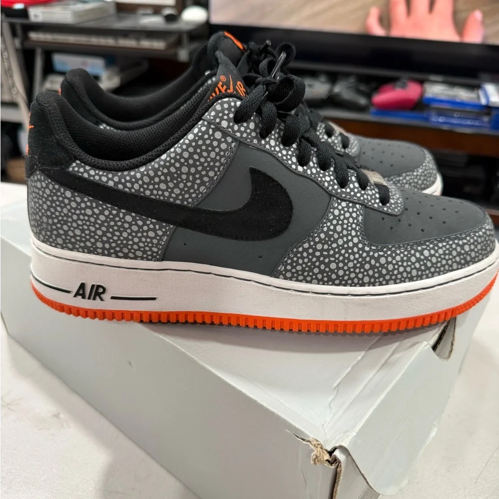 Nike Air Force 1 Gray, Black, and Orange Elephant Print Sneakers Size 9.5 Men